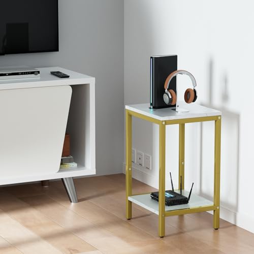 SAYGOER White Faux Marble End Tables 13.3''D Small Side Table with Storage Wood Night Stand Gold Metal Frames 2 Tier Bedside Table with Adjustable Feet, 1PCS, White Gold - Thumbnail 6