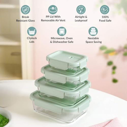 Image of Nestasia Borosilicate Glass Containers with Clip Locks Set of 4 (370ml, 660ml, 1L, 1.5L) - Airtight & Leakproof Containers with Air Vent Lid for Fridge Storage | Microwave & Dishwasher Safe (Green)
