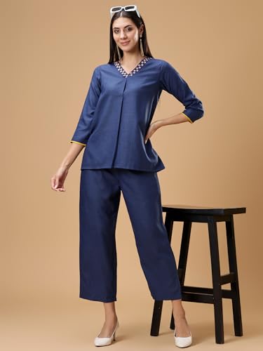 Image of Bani Women Co-ord Set, Top and Trouser Set 2 Piece Outfit, 3 /4 Sleeves Embroided V Neck, Coord Sets for Women| Western Dress, Stylish Design for All Occasions