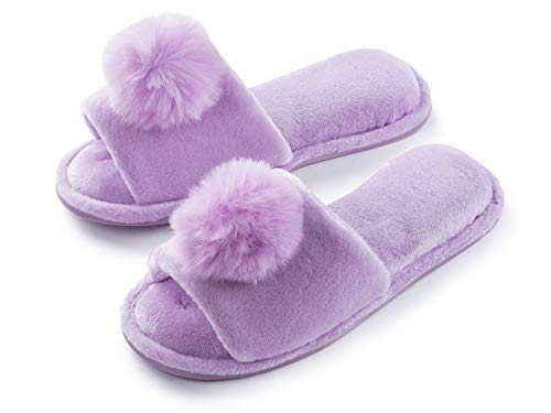 Pupeez Girl's Slipper Lovely Velvet Pom-pom Open Toe Kids House Slides Purple 11/12