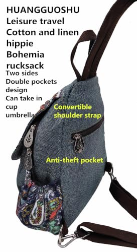 Image of Womens Boho Cotton Hemp Cloth Backpack Boho Vintage Embroidered Casual Purse Handbags Messenger Bag