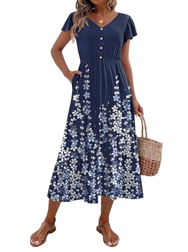 Image of Zeagoo Women's Summer Casual Dress Flutter Short Sleeve V Neck Button Down Tiered Flowy Long Dress with Pockets