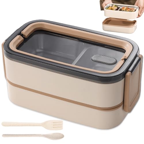 Fiambrera Bento Box de 2 niveles con compartimentos, gran volumen a prueba de fugas, acero inoxidable, hermética con juego de cubiertos, sin BPA, caja de desayuno