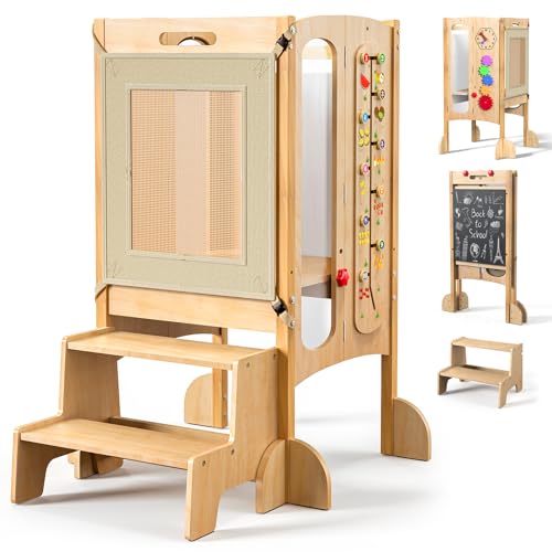 FlyingBoom Foldable Toddler Tower, Kitchen Stool Helper with 2 Step Stool, Toddler Standing Tower for Kids with Safety Net, Adjustable Height, Chalk-Whiteboard &Montessori Activity Games