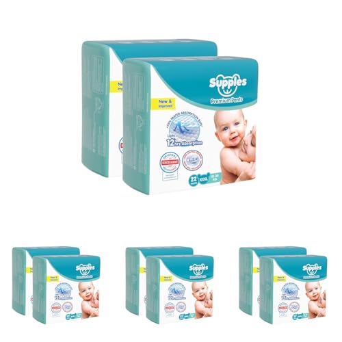Image of Amazon Brand - Supples Premium Baby Diaper Pants | 44 Baby Diapers | XXXL | 18-35 Kg | 12 Hrs Absorption | Cushiony Cotton Soft Fabric | Phthalates-Free | Triple Leak Guard | 22 Count, Pack of 8