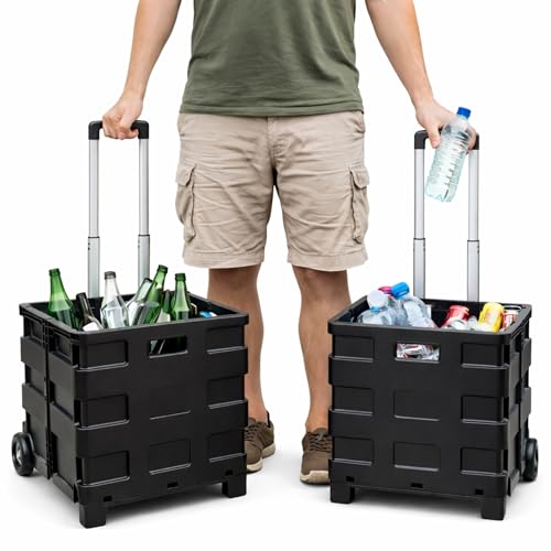 Pack de 2 Caja Plegable con Ruedas Multiusos | Carrito Compra Resistente 25kg | Cesta con Ruedas para Uso Camping o Reciclaje | Ocupa Poco Espacio