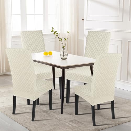 Image of SearchI Dining Room Chair Covers Set of 4, Stretch Jacquard Parsons Chair Slipcovers Super Fit Removable Washable Kitchen Chair Protector Cover for Dining Room, Hotel, Ceremony (Cream)