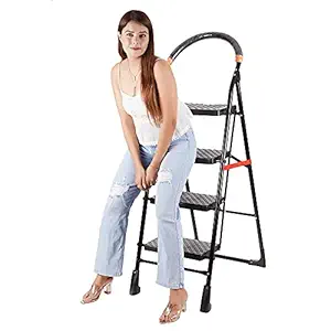 Homace 4 Step Ladder Milano Strong Heavy Duty Foldable Durable Metal Iron Wide Step Ladder for Home Anti Non Skid Indoor Outdoor use Smart Platform 3 Year Warranty (4 Steps, Black)