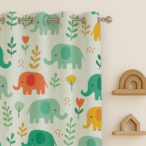 Image of STITCHNEST Velvet Kids Curtains Pack of 2 | Colorful Elephant & Leaf Print | Semi Blackout Curtains for Nursery, Baby & Toddler Room | 7 Feet