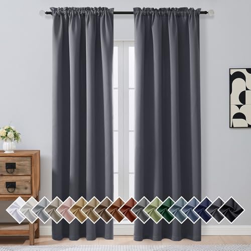 Image of Charcoal Grey Blackout Curtains for Bedroom 90 Inches Long 2 Panels, Thermal Insulated Soft Fabric Solid Privacy Curtains for Living Room, Rod Pocket Modern Window Treatments, 2x40Wx90L Inches