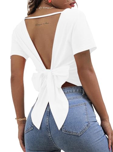 LilyCoco Backless Tops for Women Short Sleeve Sexy Crew Neck Tie Back Plain Shirt