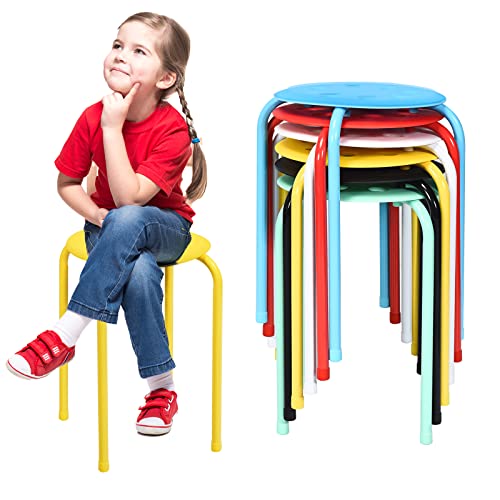 HONEY JOY 6 Pack Stackable Stool, 17.5” Kids Stacking Decoration Stool Set w/Metal Frame & Plastic Seat, Backless Round Flexible Seating for Children's Table, School, Classroom(6 Piece, Assorted)