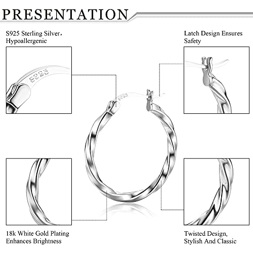 Milacolato 925 Sterling Silver Hoop Earrings For Women Men Girls 18K White Gold Plated Big Hoop Earrings High Polished Round-Tube Hoops Hypoallergenic Twist Lightweight Hoop Earrings 13/15/20/25/30/40/50/60Mm #TOP3