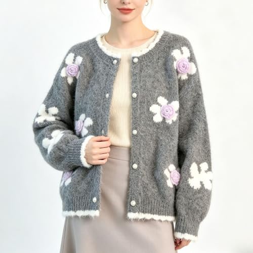 Image of FindThy Women's Kawaii 3D Floral Cardigan Long Sleeve Crewneck Knit Cardigan Sweaters
