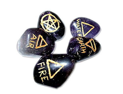 Jet International Amethyst 5 Element Tumbled Stones Genuine Earth Wiccan Pagan Pouch Gift Air Water Earth Fire Spirit Pentacle Star Spiritual Psychic Metaphysical Worship Altar India Asia Stone