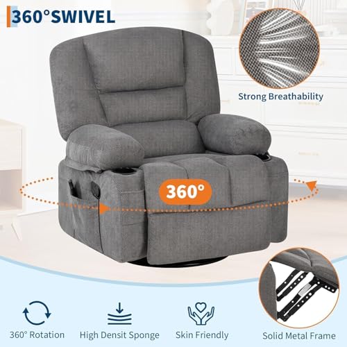 Image of Oversized Manual Swivel Recliner Chair for Adults, 360 Swivel Rocker Glider with Vibration Massage & Heat, Extra Wide Chenille Fabric Lazy Chair for Living Room Bedroom, Dark Gray Chenille