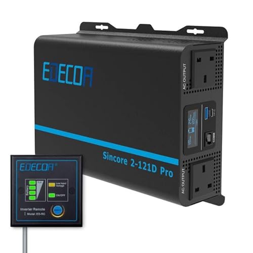 EDECOA 1200W Pure Sine Wave Power Inverter DC 12V to 240V AC Car Power Converter with USB Port Type-C Port, UK Outlets, Remote Controller (12-1200W LED UPDATE)
