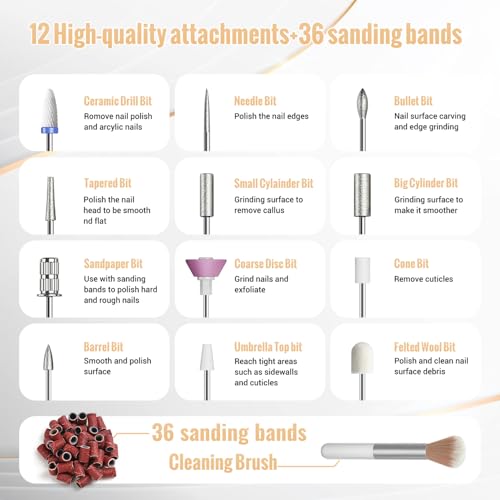 Nagelfräser, Denabuty Elektrische Nagelfeile Kabellos 12 in 1 Fräser für Gelnägel 25000 u/Min, USB Wiederaufladbare, 5 Verstellbare Geschwindigkei, Maniküre Pediküre Set DN-2502Y