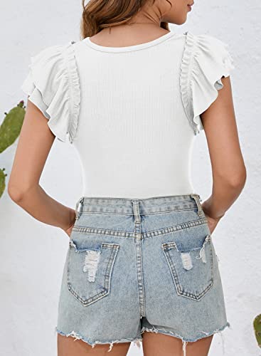 Owin Women's 2023 Summer Round Neck Ruffle Short Sleeve Stretchy Slim Fit Ribbed Knit Body Suit Thong Jumpsuit White M #TOP3