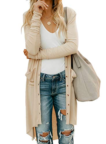 HZSONNE Women's Casual Long Sleeve Solid Color Button Down Knit Cardigan Blouse High Low Curved Hem Slim Fit Outwear (Beige,Medium)
