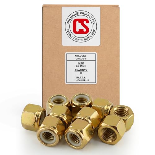 Image of Chenango Supply 5 /8-11 Grade 8 Nylon Insert Lock Nuts | Alloy Steel Nylock Nuts, Yellow Zinc Chromate Finish, USS Coarse Thread Heavy Duty Fasteners (10 Pieces)