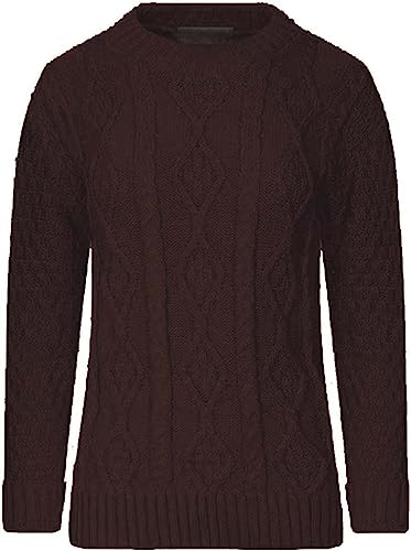 AJFASHION Women Jumpers New Ladies Long Sleeve Chunky Cable Knitted Jumper Crew Neck Winter Sweater Top UK Size 8-22 Brown