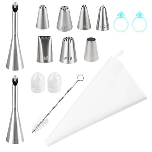 Spritzbeutel Mit Tüllen Set, 15-teilig, Spritzbeutel Wiederverwendbar, Spritztüllen Set Für Kuchen, Torten, Kekse, Inkl. 2 Spritzbeutel, 12 Spritztüllen, Adapter Und Bürste, Ideal Für Profis Und Hobby
