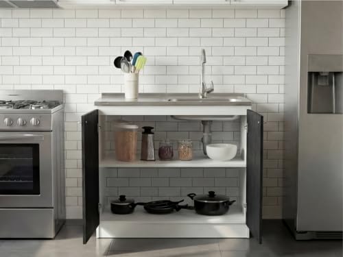 Image of Tuhome Napoles Utility Sink Base Cabinet with Integrated Stainless Steel Countertop, Freestanding Cabinet with Double Doors, Interior Shelf for Laundry Room, Utility Room, Mudroom or Kitchen