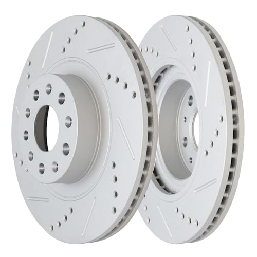 Image of Detroit Axle - Front Brake Kit for 2016 2017 2018 Cadillac CT6 | Drilled and Slotted Disc Brake Rotors Ceramic Brake Pads Replacement 13.58 inch Rotor