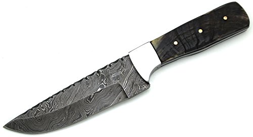 Wild Turkey Handmade Damascus Steel Ram Horn Handle Fixed Blade Full Tang Hunting Knife W/Leather Sheath Hunting Camping Fishing Outdoors #TOP2