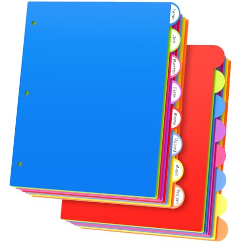 SUNQEBO Dividers for 3 Ring Binder, 8 Tabs 16 Pcs Plastic Binder Dividers with Tabs, 3 Hole Punched Dividers Index Tab Dividers Colored Letter Size for School Office Multicolor