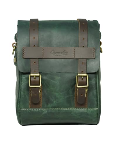 Trip Machine Company Genuine Leather Motorcycle Magnetic Fuel Tank & Tail Pillion Seat Mount Bag With Shoulder Strap And Rain Cover (Tank Bag, Forest Green)