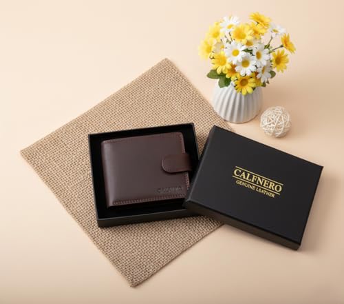 Image of Calfnero Men's Genuine Leather Bifold Wallet-Multiple Card Slots ID Window with Coin Pocket- Leather Wallet (Brown)