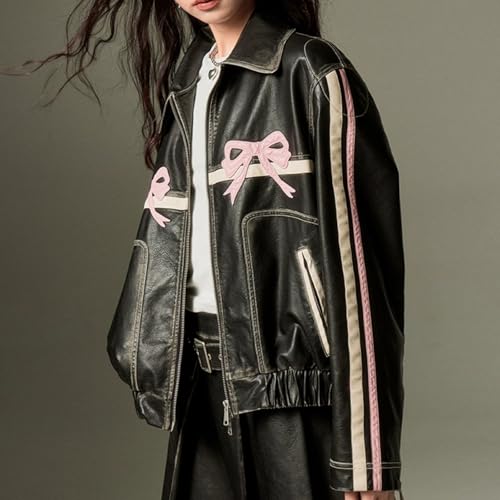 PU Pink Leather Jacket Zipper Polo-Neck Fashion Women Sweet Coat Spring Vintage Street Bomber Motorcycle Jacket(Black pink,Large)3