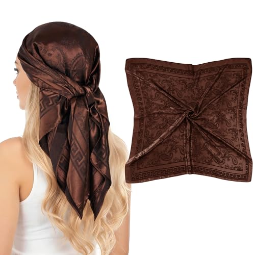 Pistha Head Scarf Bandana for Women Satin Scarf for Hair Large Square Silk Bandana Headscarf for Women and Men 35 Inch (Solid-Brown)