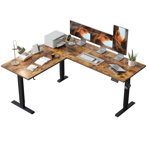 Image of Agilestic L Shaped Standing Desk 63 x 55 inch Adjustable Height, Electric Corner Standing Desk, Sit Stand Computer Table with Splice Board, Vintage Brown
