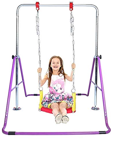Gymnastics Bar for Kids Jungle Gym 3 in 1 Set Deluxe Swing Seat, Trapeze Rings, Horizontal Kip Bar Height Adjustable Monkey Bar, Expandable Junior Training Gymnastic Balance Bar, Swing Set (Purple)
