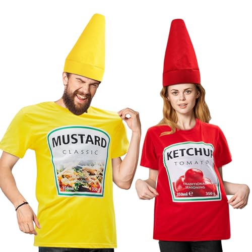 Toulite Halloween Yellow Mustard Red Ketchup Costume Matching Group T-Shirt and Hat Halloween Couple Costume (Medium & Small,Mustard & Ketchup,2 Set)