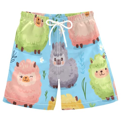 Boys Beach Board Shorts Sheep Cute Alpaca Cartoon Swim Trunk Teen Swimwear 8-16Y Multicolor