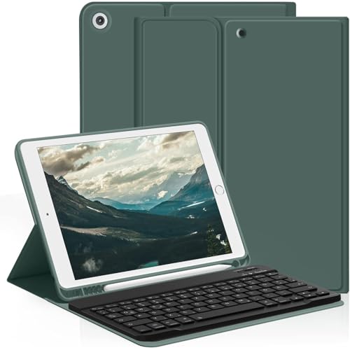 aoub Hülle mit Tastatur für iPad 9./8./ 7. Generation Kabellose QWERTZ Tastatur Hülle mit Stifthalter für iPad 10 2 Zoll 2021/2020/2019 Dunkelgrün