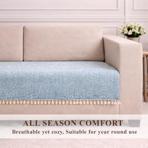 Image of STITCHNEST Jute Sofa Cover - Turquoise, 48x30 Inch | Soft Textured Fabric with Tassel| Sofa for Living Room Decor