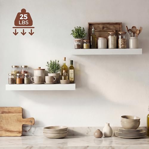 Image of Dreamland 20 Inches Floating Shelves for Wall, 9.3 inch Deep Long Floating Shelves Set of 2, Large Display & Storage Shelf, Wall Shelf for Bathroom Bedroom Living Room Kitchen Office, White