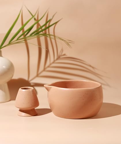 Image of Craftribal Handmade Ceramic Solid Matcha Bowl with Whisk Holder - Pottery Chawan for Japanese Tea Ritual, Matcha Lovers & Gifting|Bowl - 5.5 inches|Holder-2.5 inches|Color-Brown