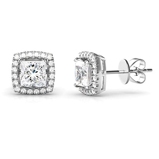 Amy & Annette Genuine Square Crystal Sterling Silver Halo Stud Earrings for Women - Great Gift Idea for Every Occasion - Size (10mm Diameter)