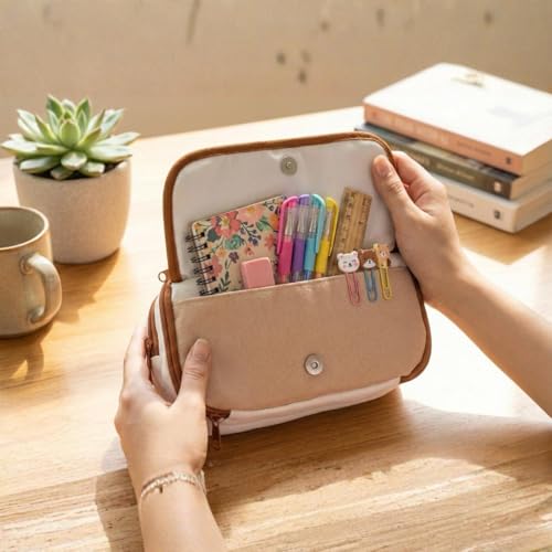 Image of Canvas School Bag Pencil Case, 3 Layer 6 Compartment Large Capacity, Aesthetic Pencil Pouch for Stationary, Cute Stationery for Kids, Pencil Case for Girls & Boys (Coffee /Cream)