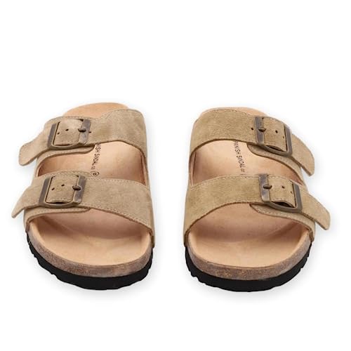 Soft Suede Leather Flat Sandals - Cork Footbed Sandal with Soft Suede Leather - Womens Sandals Comfortable Wear - Comfortable Slip On Cork Footbed Sandals with Adjustable Buckles3