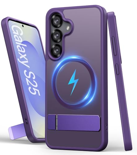 Image of Vihibii PC,Silicone For Samsung Galaxy S25 Back Cover Magnetic With Stand,[Compatible With Magsafe],Drop Protection Rugged Shockproof Back & Translucent Matte Slim Phone Case For S25 6.2 inch 2025,Purple