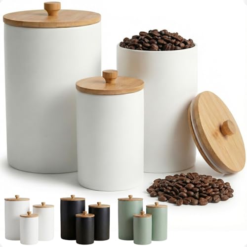 Ceramic Kitchen Canisters for Countertop Set of 3 with Airtight Bamboo Lids - White Kitchen Canisters with Airtight Lids - Flour Sugar Canister Set - Flour and Sugar Containers Farmhouse - Coffee Jar