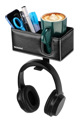 Erordna 4-in-1 Desk Cup Holder - Clamp On Under Desk Rotating Headphone Stand & Faux Leather Storage with Detachable Cup Holder/Phone Slot