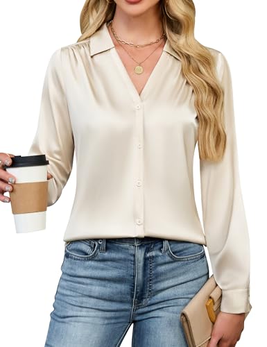 Blooming Jelly Womens Satin Button Down Shirts Work Dressy Casual Blouses Shirt Collar Long Sleeve Tops 2025